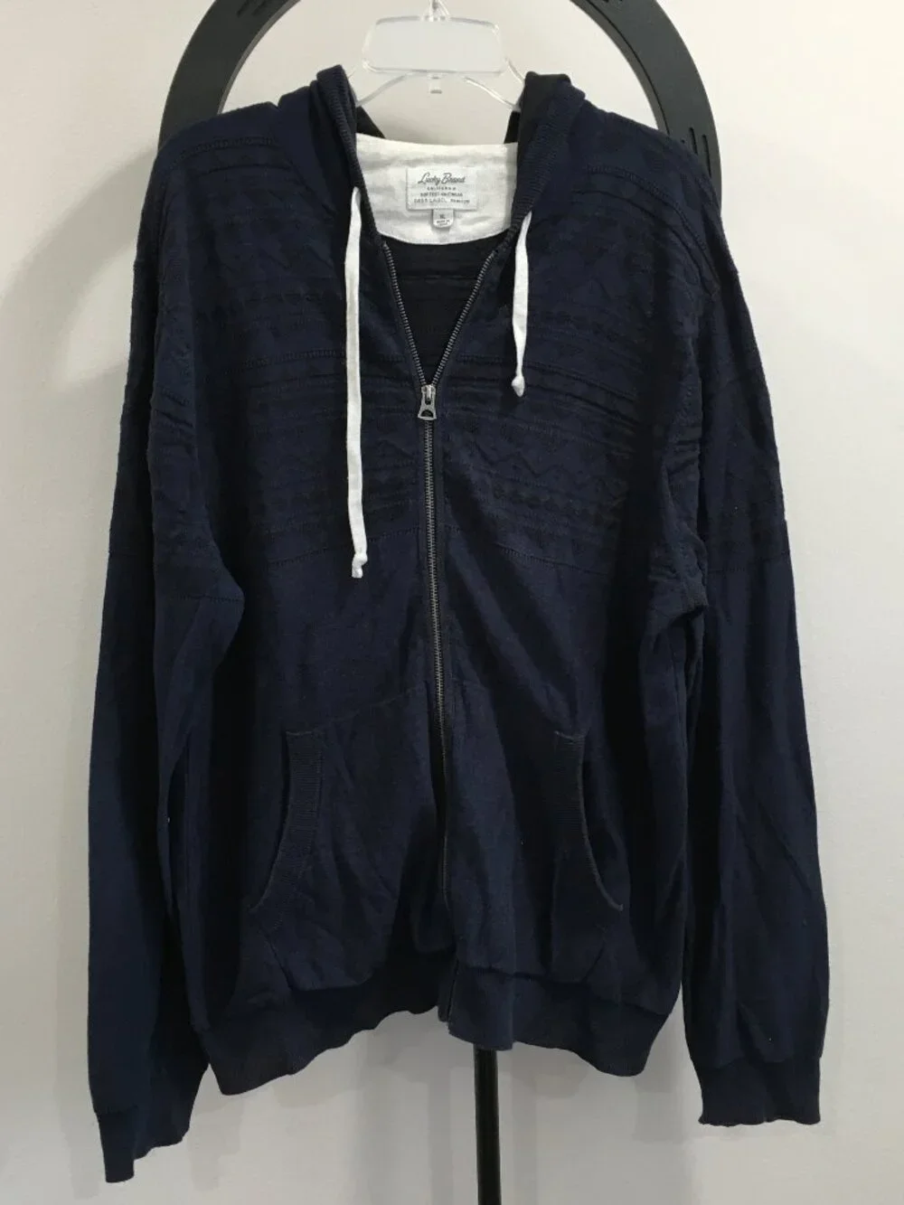 LOTUS Grey Label LUCKY BRAND Blue Black Embroidery Knit Hooded Full Zip Jacket